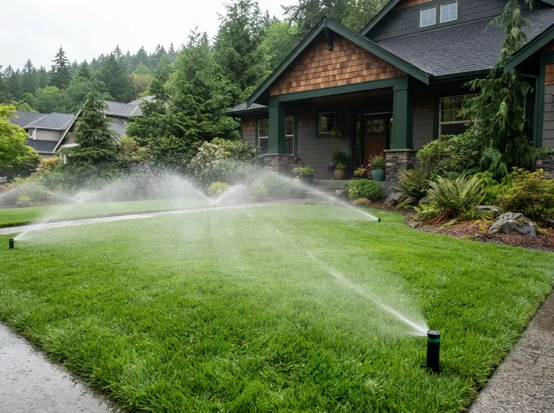 Modern irrigation system watering green lawn