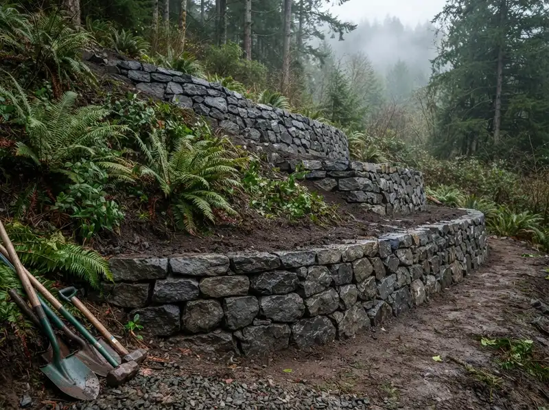 Newly installed retaining wall preventing erosion